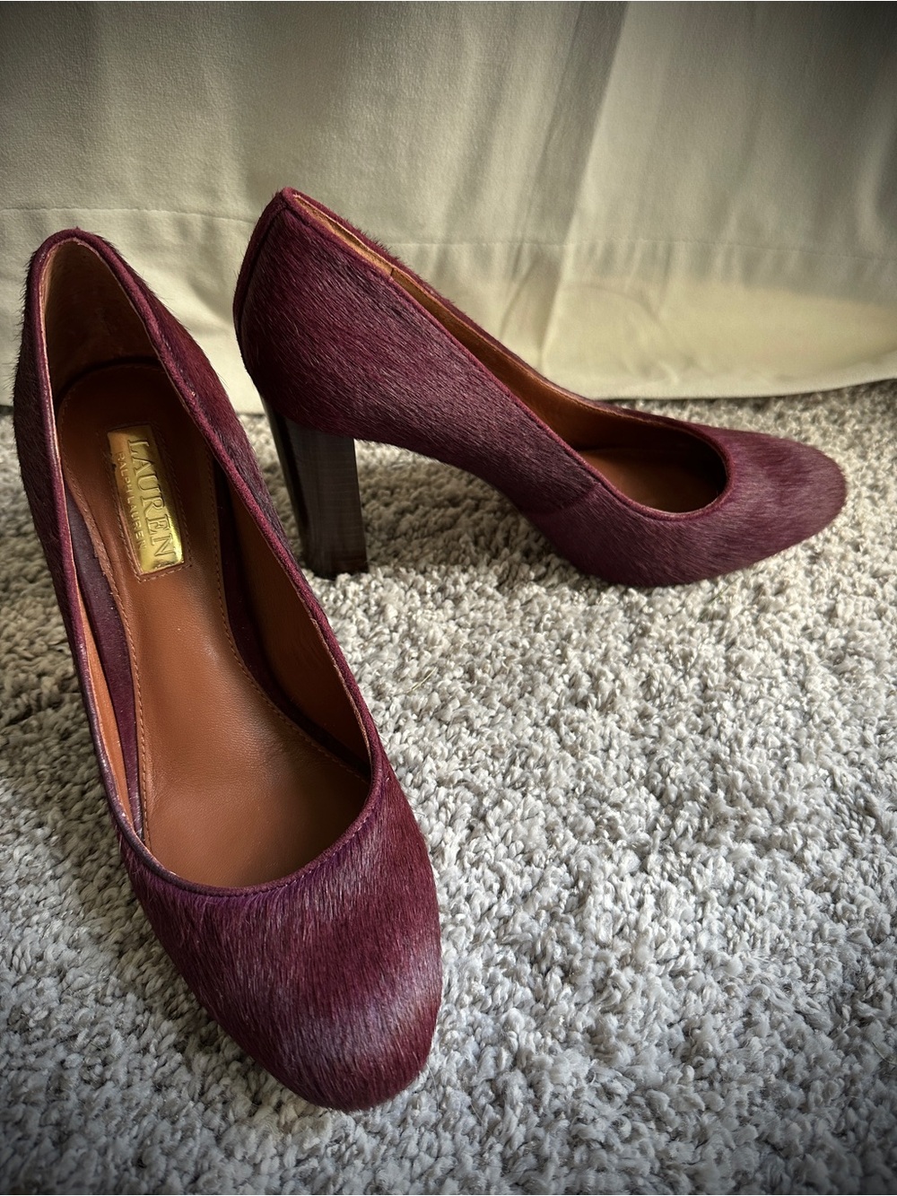 Lauren Ralph Lauren Burgundy Pony-Hair Block Heel Pumps